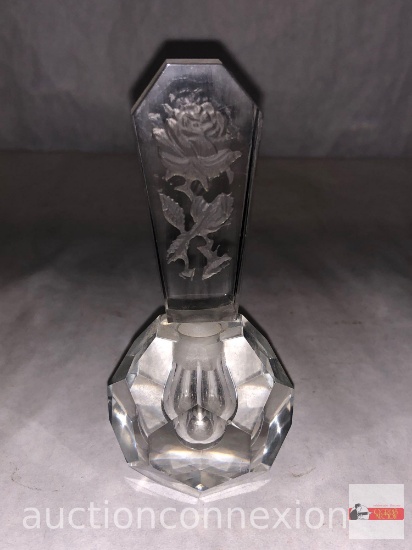 Crystal perfume bottle with ground stopper etched rose