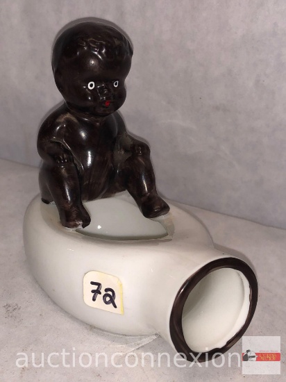 Vintage occupied Japan Black Americana - Baby on Bed Pan Ashtray Figurine, porcelain, c.1945-52