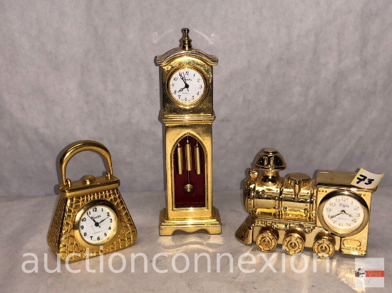 Clocks - 3 miniature brass decor figural clocks, Timex purse, Elgin Train, Quartex grandfather clock