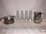 Glassware - 4 crystal shot glasses and silver overlay sugar/creamer set