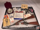Collectibles - Tray full of misc. items, compass, stamps, rifles, dog tags