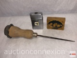 vintage ice pick, tack box and gas lighter