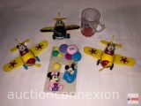 Toys - Mickey Mouse metal airplanes, Minnie/Mickey switch plate, Disneyland Fantasia mug, toy plane