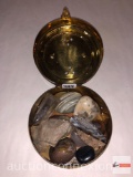 Solid Brass hand crafted box, round with polished rocks and crystal