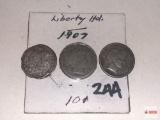Coins - 3 Barber Dimes, 1904, 1906, 1907