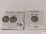 Coins - 3 Barber Dimes, 1908, 1909, 1911