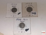 Coins - 3 Barber Dimes, 1914s, 1914 plain, 1925, marked good condition