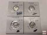 Coins - 4 Mercury Dimes, 1941p very good, 1943s very good, 1943D fine, 1944p very good