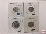 Coins - 4 Mercury Dimes, 1944s very good, 1945p very good, 1945s very good, 1945D fine