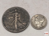 Coins - 2 - 1942 Walking Liberty half dollar and 1942 Mercury head Dime