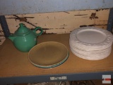 Dish ware - embossed white plates, Splatter ware plates and metal Fiesta tea pot, green