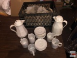 2 coffee carafes, coffee mugs and misc. saucers