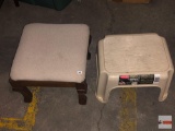 Upholstered top foot stool and Rubbermaid Roughneck step stool