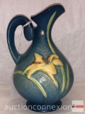 Pottery - Roseville - Zephyr Lily #22-6, blue, handled ewer, 1946 Zephyr Lily late period pattern.