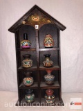 Wooden display shelf with 8 hand painted miniature pottery