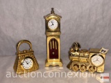 Clocks - 3 miniature brass decor figural clocks, Timex purse, Elgin Train, Quartex grandfather clock