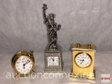 Clocks - 3 miniature brass decor figural clocks, Royale clock, Elgin statue of Liberty, Platinum clo