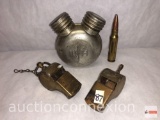 Collectibles - 3 vintage military - 2 whistles, 1 Russian Mosin Nagant gun maintenance cleaner/oiler