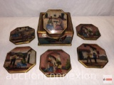 Coasters - 6 wooden coaster set with holder, South-west motif