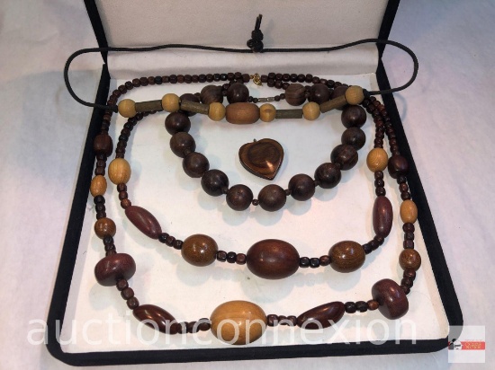 Jewelry - 3 necklaces, lg. wooden beaded and heart pendant