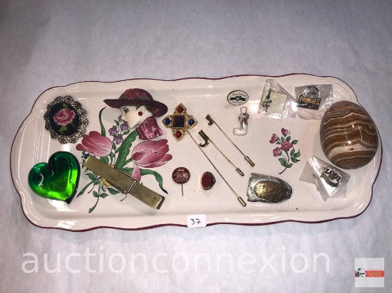 Jewelry - Tray with Jewelry collectibles, stick pins, marble egg, lapel pins, brooches etc.