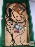 Jewelry & misc. - Bolo ties, keys, tennis racket shoe horn, Swiss pocket knife, Penny bracelet