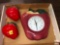 Kitchen Decor - 2 ceramic apple wall pockets and Acurite apple decor batt.op wall clock