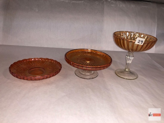 Carnival Glass - 3 Marigold items - Pedestal dish5"wx5.5"h, Compote cup 6"wx2.5"wx1.25"h & Serving