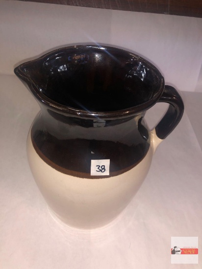 Pottery - Stoneware pitcher, beige/brown 10"h