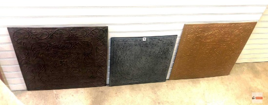 3 lg. metal decor wall art, relief embossed designs, 2 - 18"x18" and 1 15"x15"