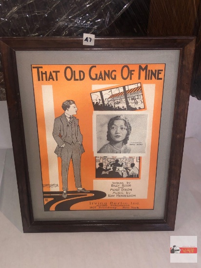 Framed vintage sheet music, "That Old Gang of Mine", Irving Berlin, 15.5"hx12.25"w