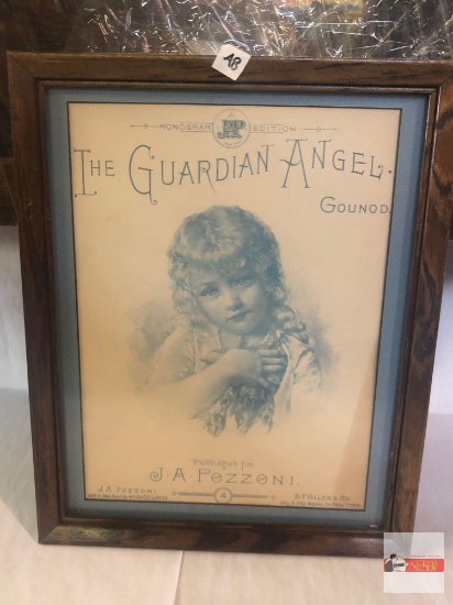 Framed vintage sheet music, "The Guardian Angel", J.A. Pozzoni, 15.5"hx12.25"w
