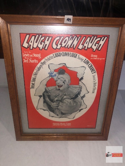 Framed vintage sheet music, signed, "Laugh Clown Laugh", MGM, 15.5"hx12.25"w