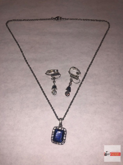 Jewelry - Necklace - Sapphire pendant surrounded by clear stones and pr. Marcasite clip-on earrings