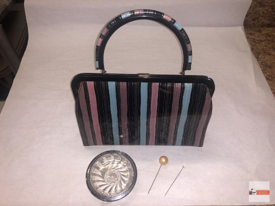 Collectibles - Vintage purse 10.5"w, 2 hat pins and coaster