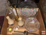 Glassware - Iridescent plate and bowl, cruet, salt/pepper shakers, 2 salt dip bowls, corn cob cutter