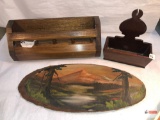 3 wooden items - oval artwork hand painted 16