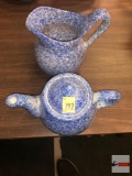 Ceramic pottery kitchen ware - 1 teapot w/lid, 1 water pitcher blue/white sponge ware