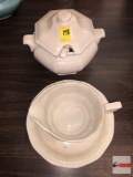 Kitchen ware - 2 items - sm. tureen with lid & ladle and Sauce dish w/ plate