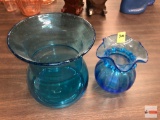 Glassware - 2 blue glass vases, 7.5