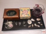 Collectibles - Trinket boxes, Glass basket, sea shells, glass swan figures