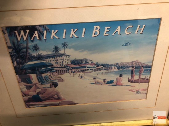Artwork - Waikiki Beach, vintage print, bamboo motif frame, matted, 19.5"wx15.5"h