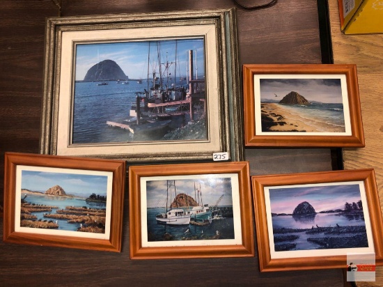 Artwork - 5 - Seashore/ fishing print framed 14.5"wx13"h & 4 seashore scapes 6"hx8"w framed & matted
