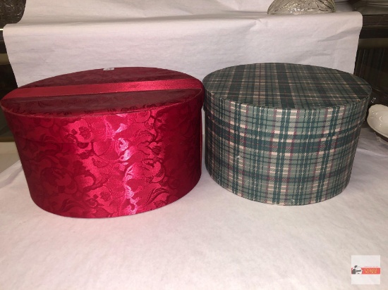 Decor boxes - 2 - Round plaid 10"wx6.5"h and Oval Red 11.5"wx9.5"wx6"h