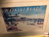 Artwork - Waikiki Beach, vintage print, bamboo motif frame, matted, 19.5