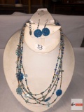 Jewelry - Necklace & matching wire earrings - Blue beaded multi-strand