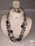 Jewelry - Necklace & matching wire earrings - Beaded multi-strand, black/white