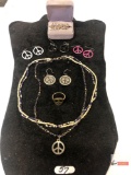 Jewelry - Peace signs - Multi strand beaded necklace, 4 pr. earrings, 2 rings