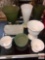 Glassware - 8 - milk glass and green glass planters, vases