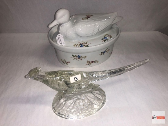 Glassware - 2 - BIA covered duck casserole 10"wx7"h and glass pheasant 11"wx6"h